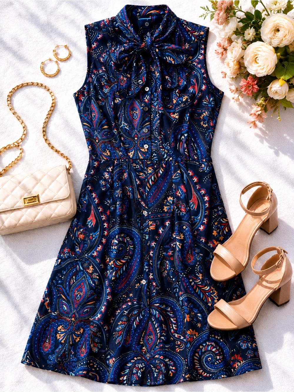 Tommy Hilfiger Paisley Print Tie Neck Dress Navy Blue Sleeveless Size 0